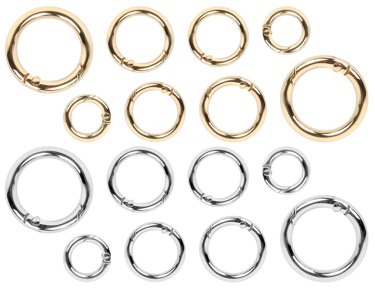 16 sztuk okrągły karabińczyk, mały metalowy karabińczyk, pierścień ze stopu cynku, solidne pierścienie sprężynowe, brelok typu O-ring, do plecaka na klucze rzemieślnicze (złoto i srebro)