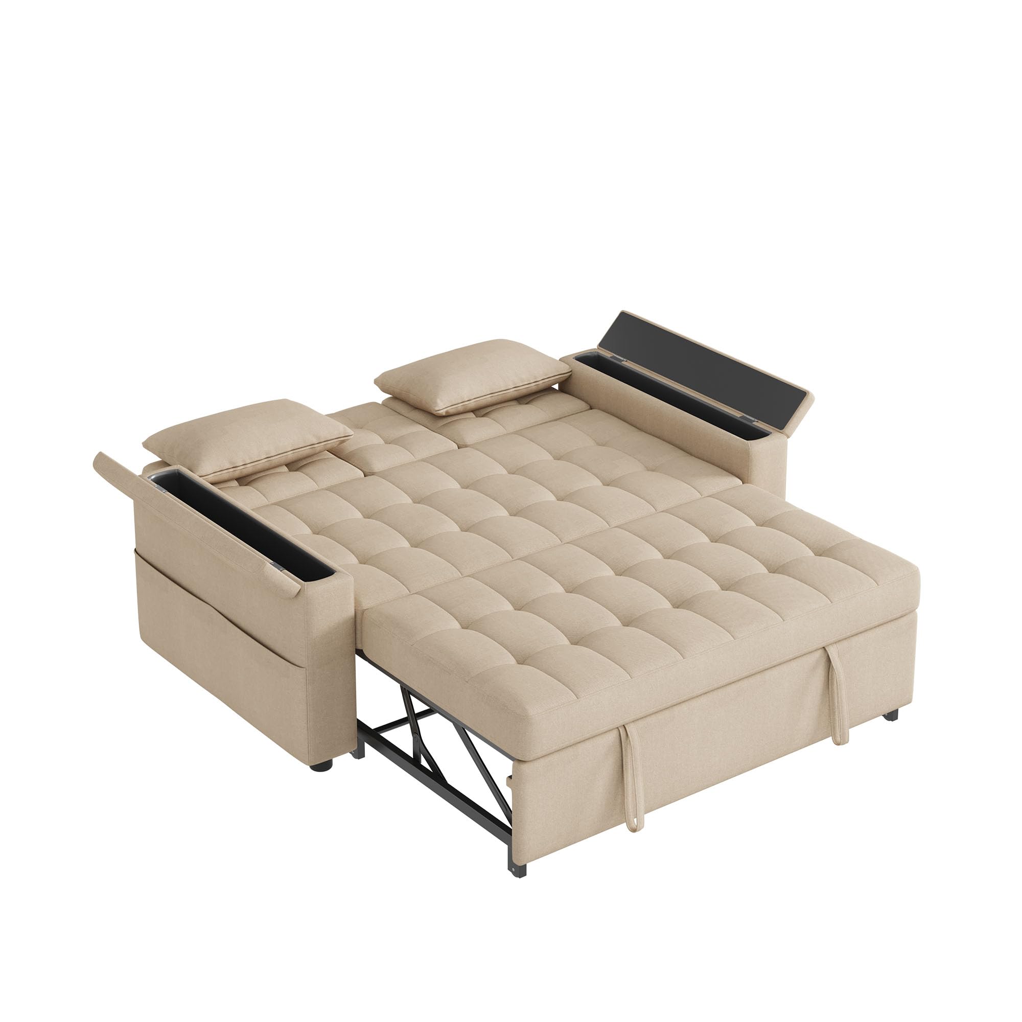 REXO Sofá cama de 2 plazas con espacio de almacenamiento y respaldo ajustable, sofá con reposabrazos y cojines, sofá plegable versátil para salón, dormitorio o apartamento, color beige