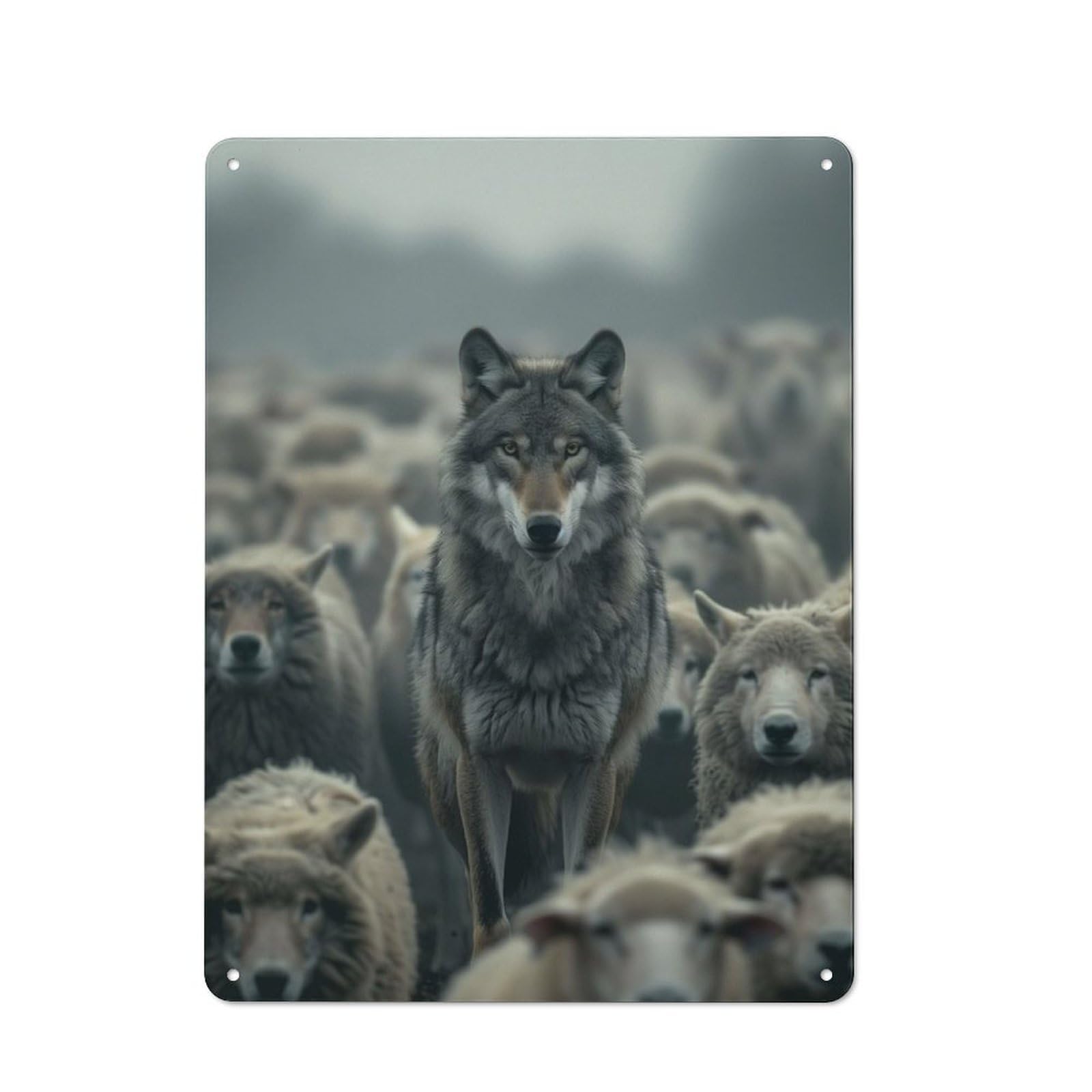 Industrial Tin Wall Sign 40x30cm Featuring Wolf Sheep Hunter, Urban Room Decor for Workspace, Cafe, Hallway Or Garage