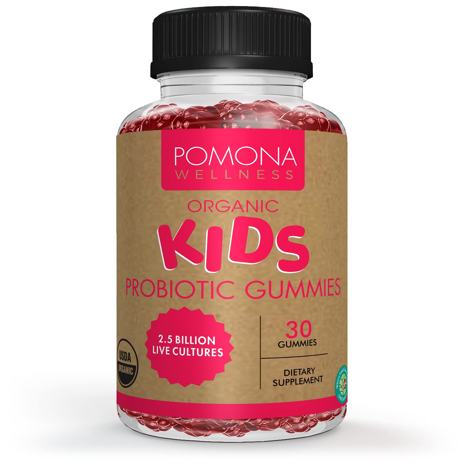 Pomona Wellness Probiotic Gummies for Kids, Supports Digestive and Immune Health, Helps Minor Abdominal Discomfort & Occasional Bloating, Strawberry Flavor, Non-GMO, USDA Organic, Vegan, 30 Gummies