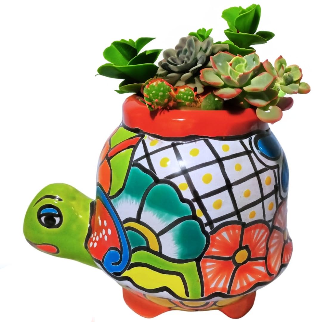 Talavera TreasuresMexican Hand Painted Flower Pot Medium Ceramic Turtle Mexican Pottery Planter