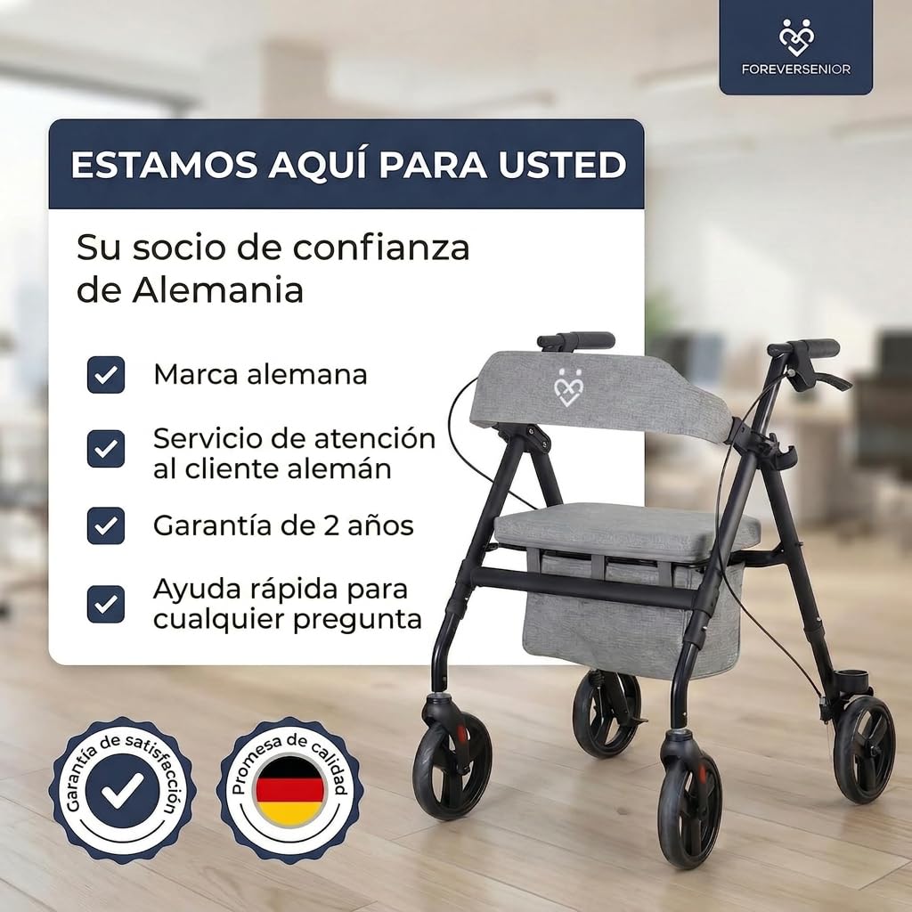 Andador Plegable y Ligero de 9 kg con Asiento – Rollator para Ancianos con Estructura de Acero, Bolsa y Respaldo Acolchado – Andador Estrecho para Interior y Exterior