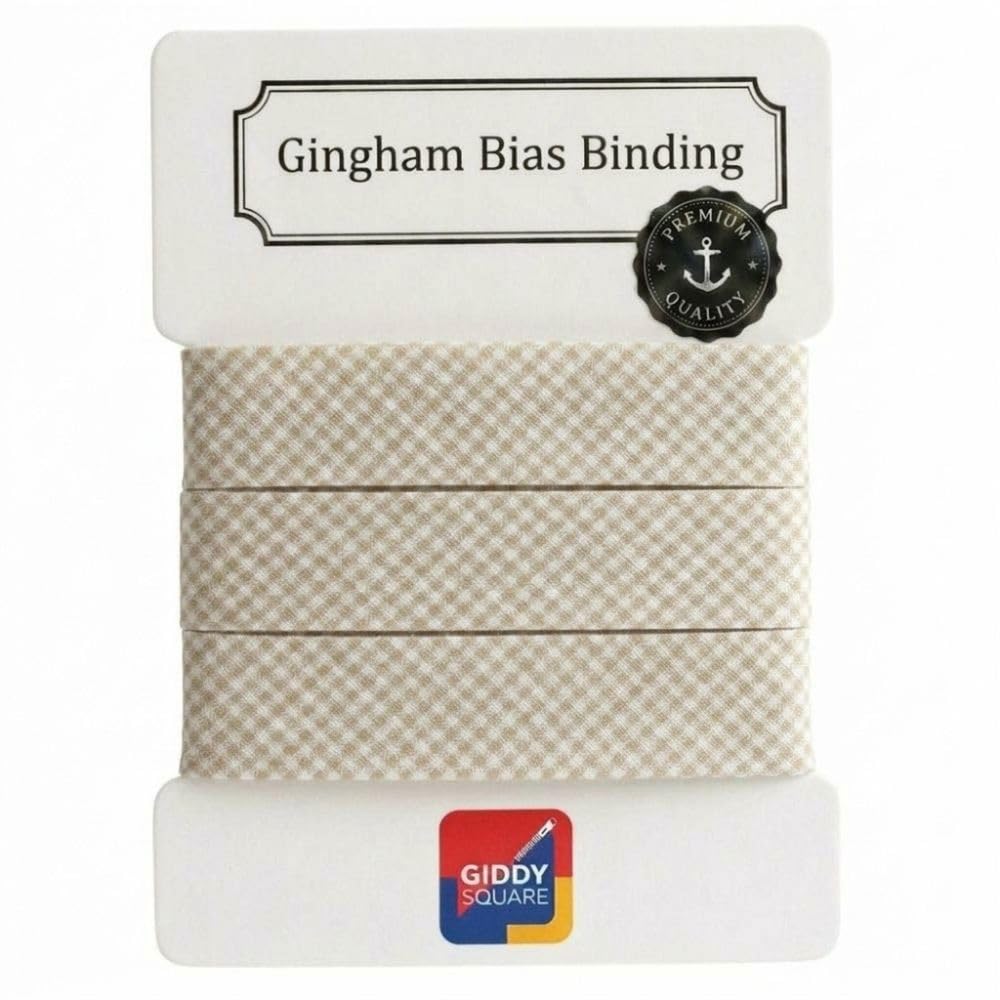 Premium Yarn Dyed Polycotton Gingham Bias Binding Tape 30mm Beige Small Gingham 3m - Strong Smooth Hardwearing Woven Check Trim for Quilting, Bunting & Edging - Machine Washable - Giddy Square