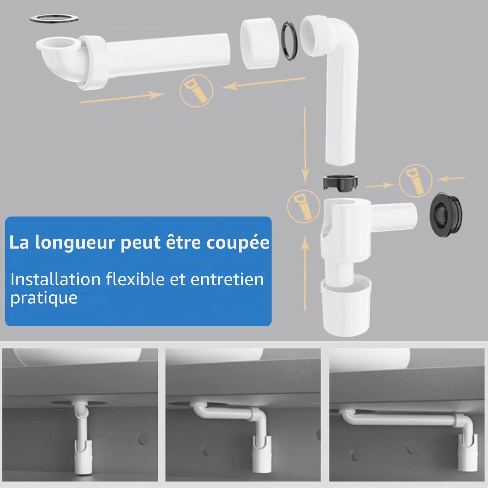 Siphon lavabo extra plat 32 mm, siphon gain de place orientable 360° avec clapet anti-odeur, kit bonde et tuyau d'évacuation pour salle de bains, muezzin réglable