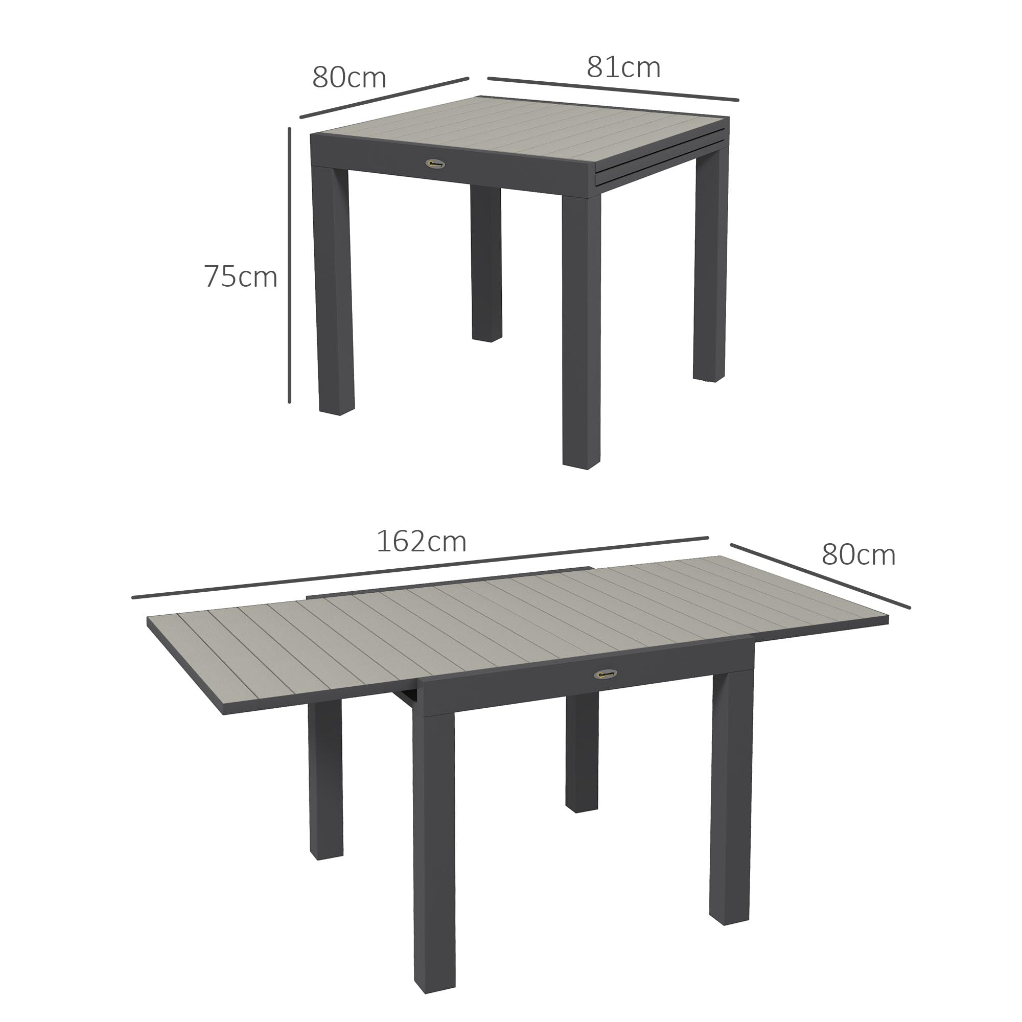 Outsunny Mesa de jardín Mesa de Comedor para 6 Personas Mesa de Patio Extensible Mesa de balcón cargable hasta 70 kg Aluminio Gris 81/162 x 80 x 75 cm