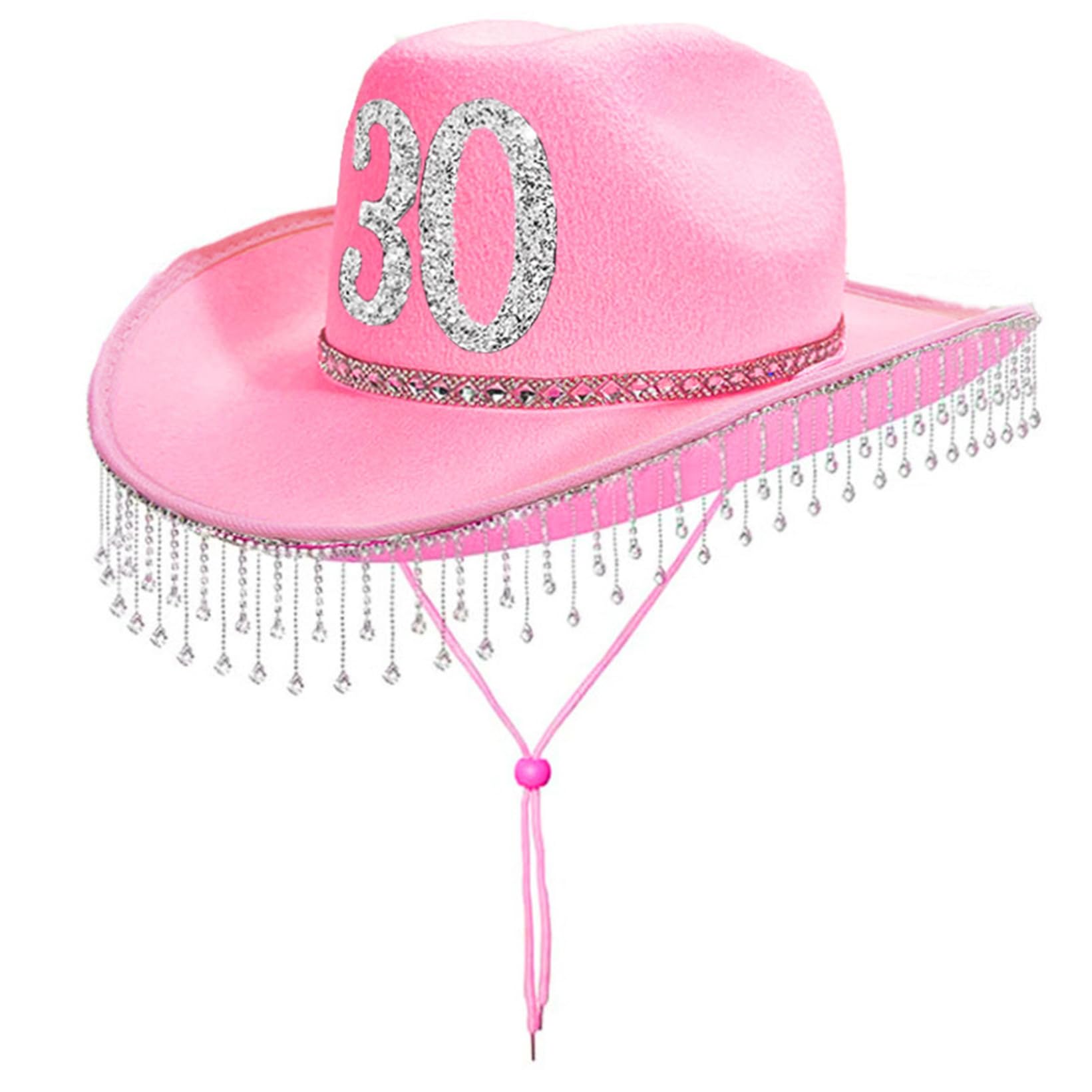 JanJean Western Cowboy Hat with Glitter Rhinestone Tassel Decor 30th Birthday Cowgirl Hat for Women Party Accessory Pink One Size