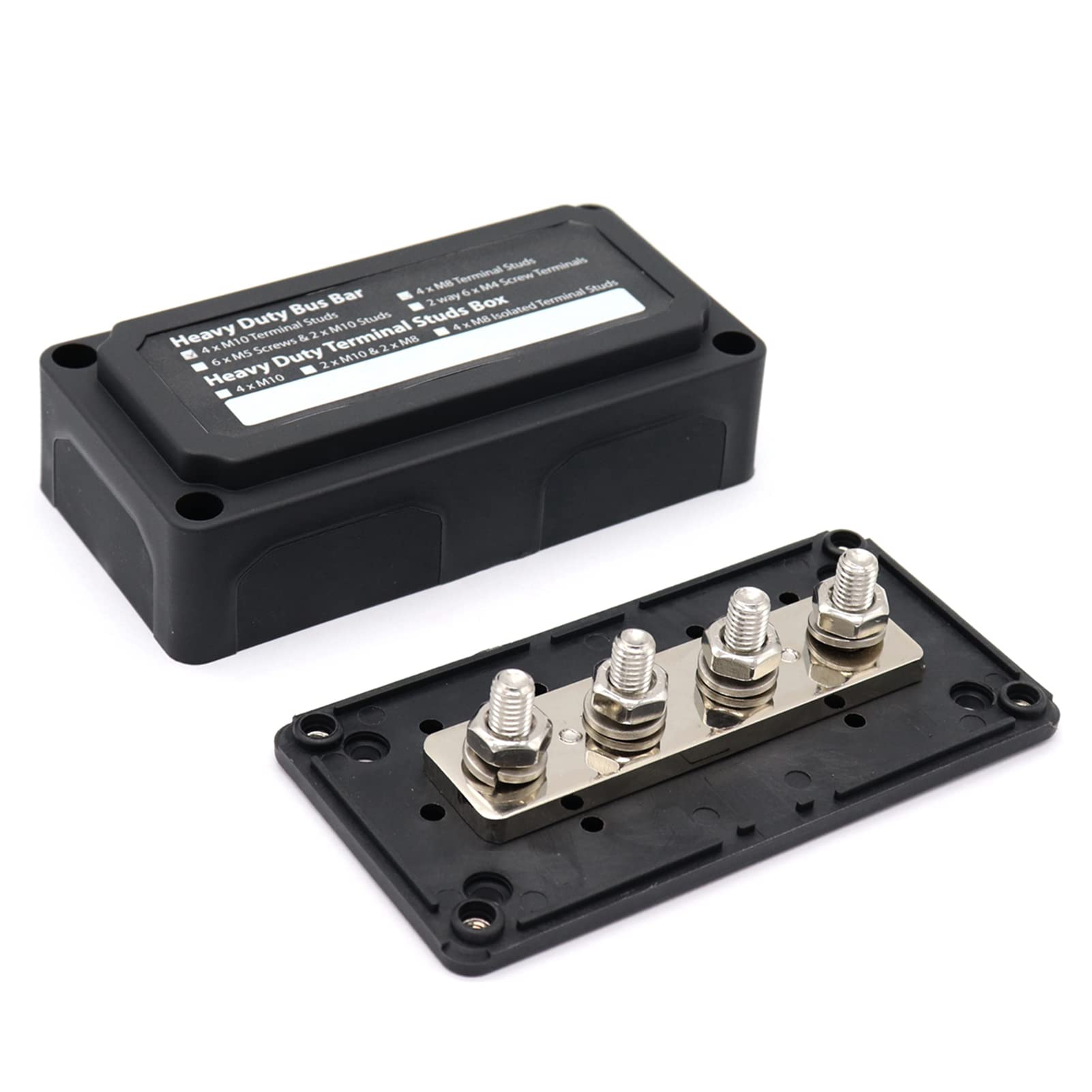 Acouto Stromverteilerblock, Robuste Sammelschienenbox mit 3/8 Zoll M10 X 4 Anschlussbolzen, 48 V, 300 A, Postbatterie-Anschlussblock für Auto, Wohnmobil, LKW, Marine, Boot. M10 X 4 Bolzen mit Box,