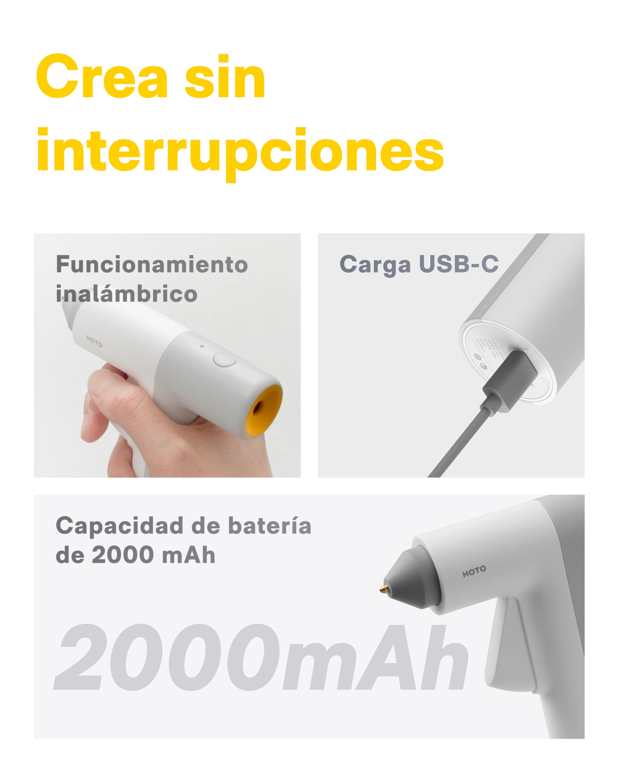HOTO Pistola Silicona Caliente Inalámbrica, 10 Barras, Calentamiento 30S, USB Recargable, Apagado Inteligente, Perfecta para Pistola Silicona Manualidades y Proyectos con Pistola Pegamento Caliente