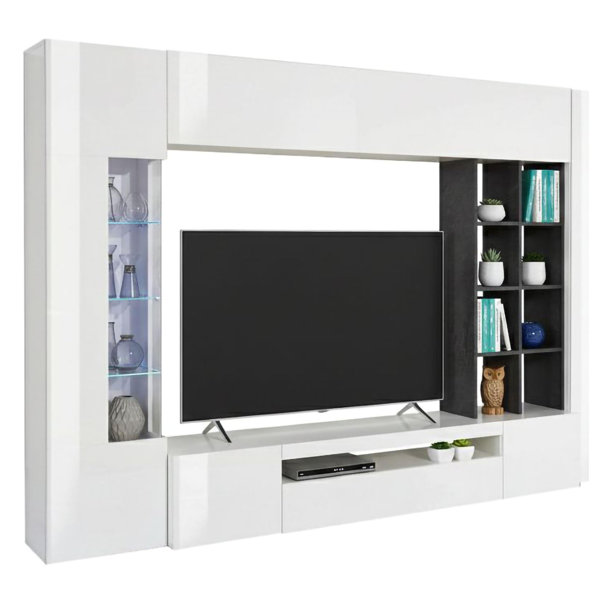 Dmora Parete Attrezzata Ocean 40x290x192h cm Bianco Lucido 20 Ripiani 24 Vani, 6 Ante Made in Italy