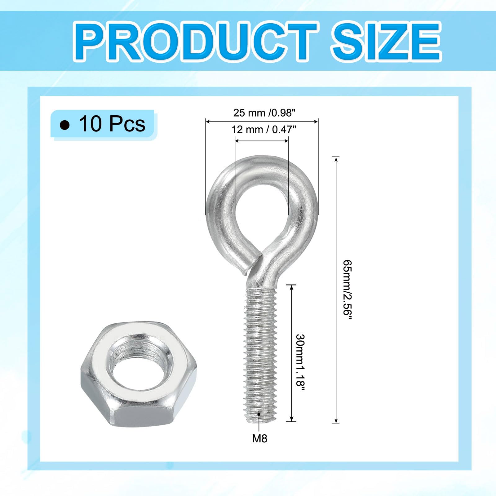 PATIKIL Bulloni Ad Occhiello M8x30mm, 10 Pz Bulloni Ad Occhiello In Acciaio Al Carbonio Con Dado Per Appendere O Fissare Cavoli Argento