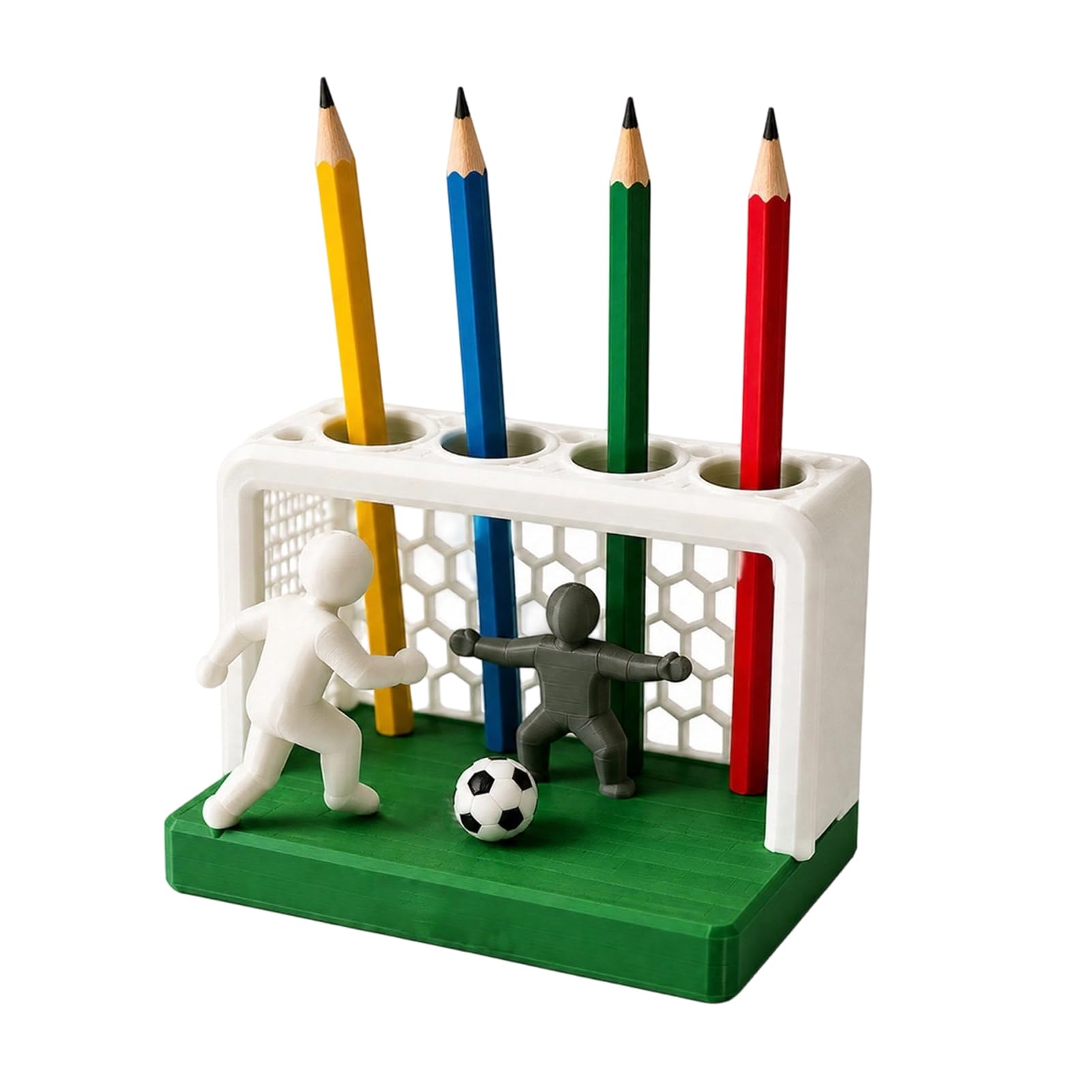 Tuxoiou Soccer-Themed Desk Organiser, Soccer Goal And Player Figure Pen Holder, 4 Hole Desktop Organizer, Boys Room Decor & Football Gifts A