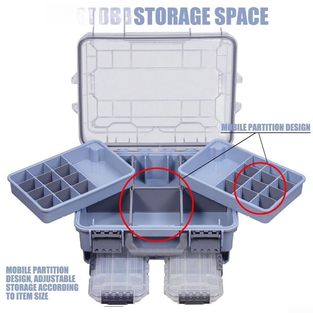 Grande boîte de rangement étanche pour articles de pêche, double couche, avec séparateurs réglables, étui de rangement en ABS haute capacité, pour hameçons, leurres, appâts, outils, gris