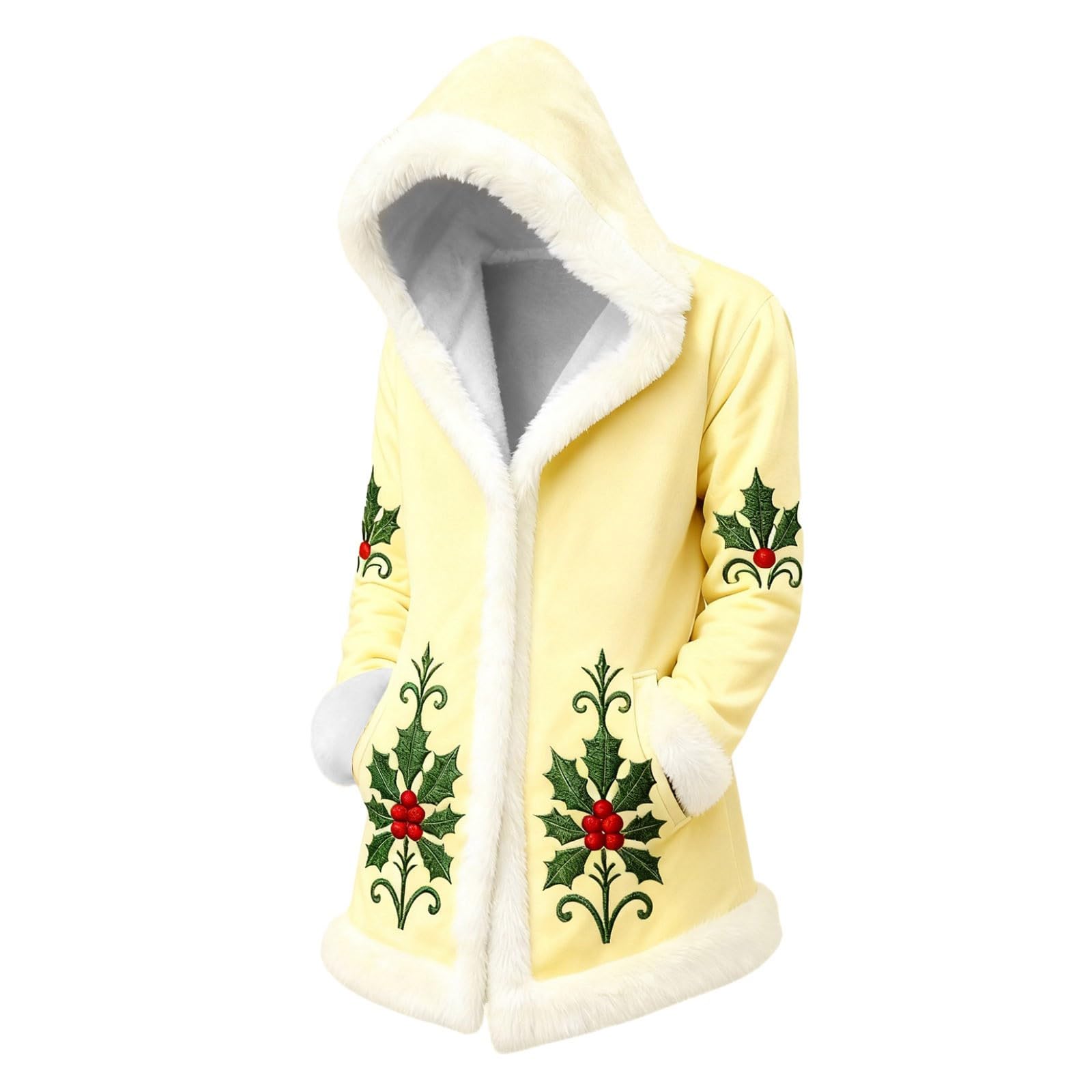 Red Velvet Christmas Costume for Men Red Hooded Cape Santa Coat Plush Lining Long Sleeve Longline Soft Warm Fluffy Festival Holiday Party Xmas Winter Cardigan