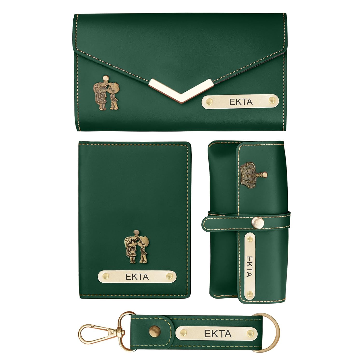 Personalized Women's Gift Combo Set | Custom Name Engraved Wallet, Sunglasses Cover, Passport Cover & Keychain | Stylish Leather Gift Set for Women | Birthday, Anniversary (Green)-image-34