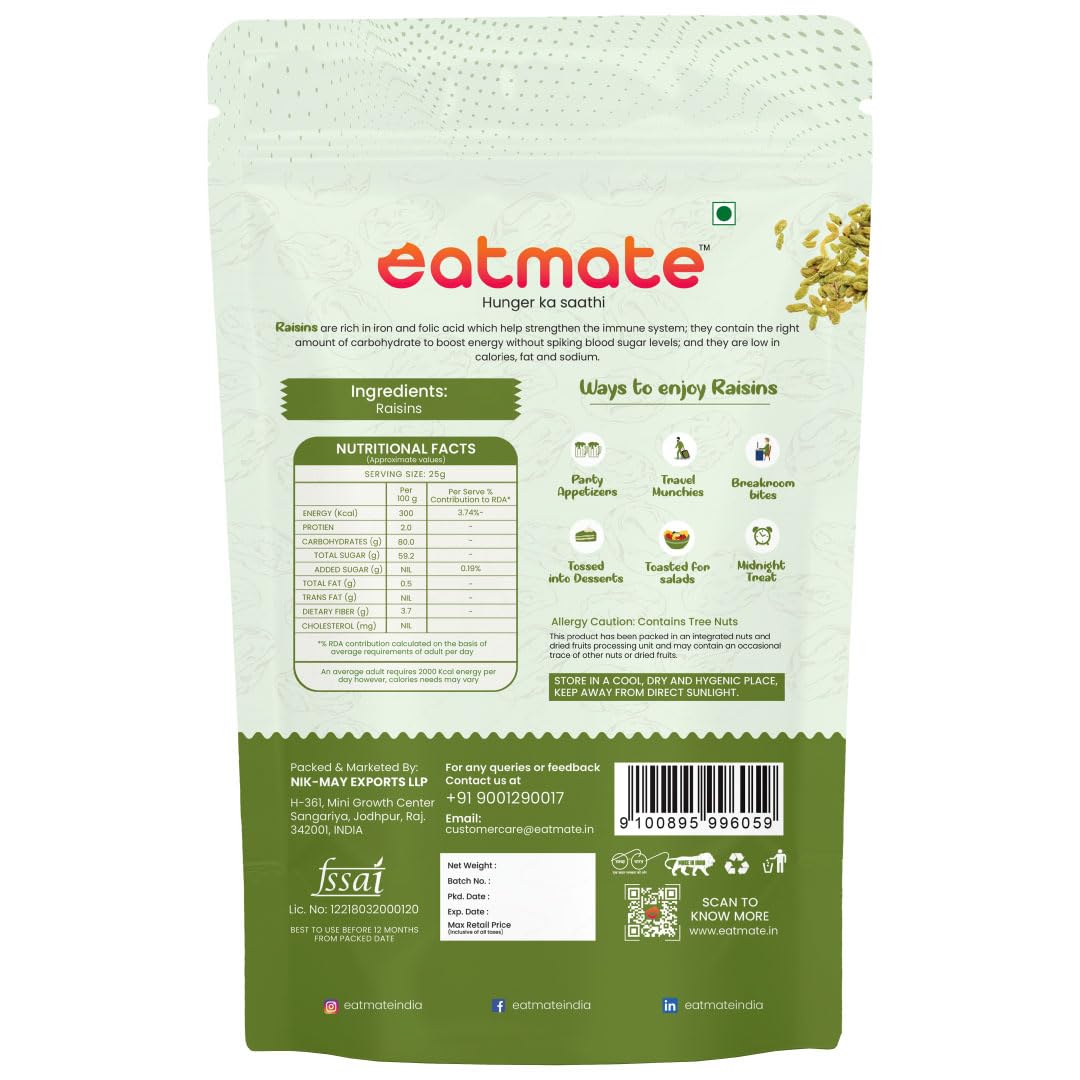 Eatmate Premium Long Indian Green Raisins 250 gm | Naturally Sweet Green Kishmish Dry Fruits | Fresh Dried Grapes Rich in Fiber & Antioxidants | Healthy Snacks for Adults, Baking & Cooking 2