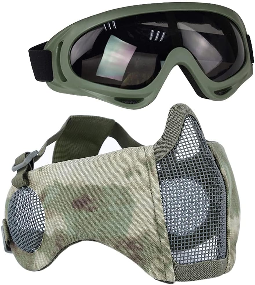 AOUTACC Airsoft Protective Gear Set, Half Face Mesh Mask with Ear Protection and Tactical Goggles for Adult Men Women BBS Paintball Shooting CS Survival Games Cosplay