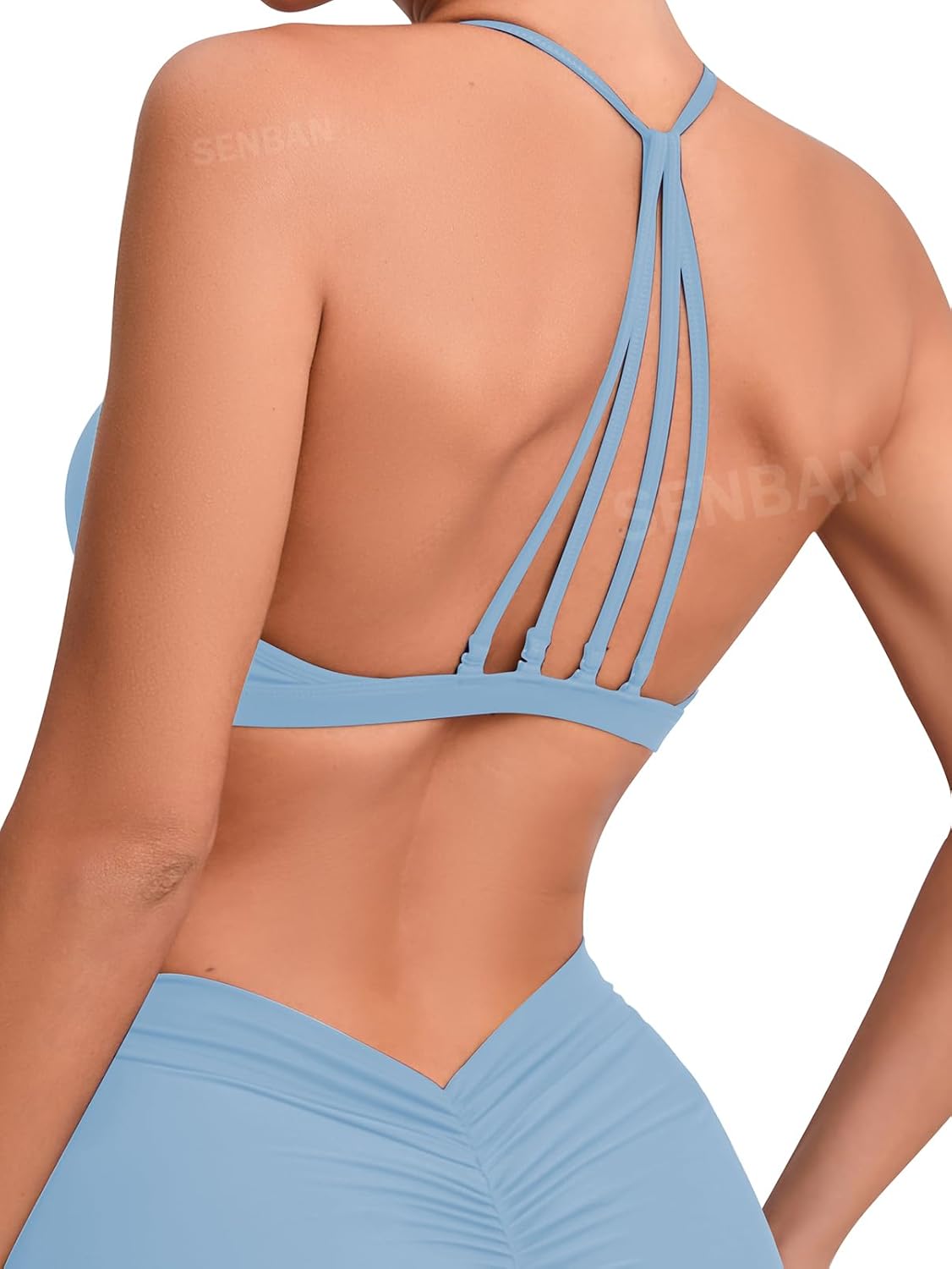 SENBAN Workout Sports Bras for Women Strappy Removable Padded Backless Bra Light Impact Criss Cross Yoga Crop Top Light Blue M