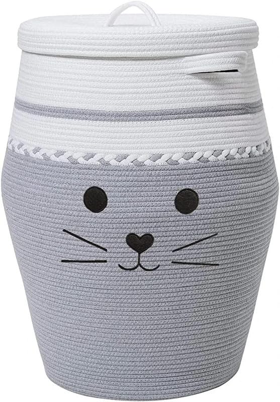 Image of Storage Cotton Rope Basket and Laundry Hamper for Dirty Clothes, Towels, Blankets, Pillows Storage in Living Room, Laundry Room and Bedroom (Grey White Cat With Lid, 15x18 Inch)
