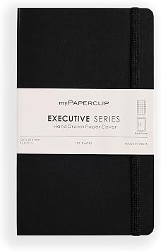 myPAPERCLIP Executive Series Medium Checks/Square Grid Notebook | 192 Pages, 80 GSM, Soft Cover, Medium Size 5 x 8.25 in | Flat Lay | Bookmark, Elastic Closure & Back Pocket | Black