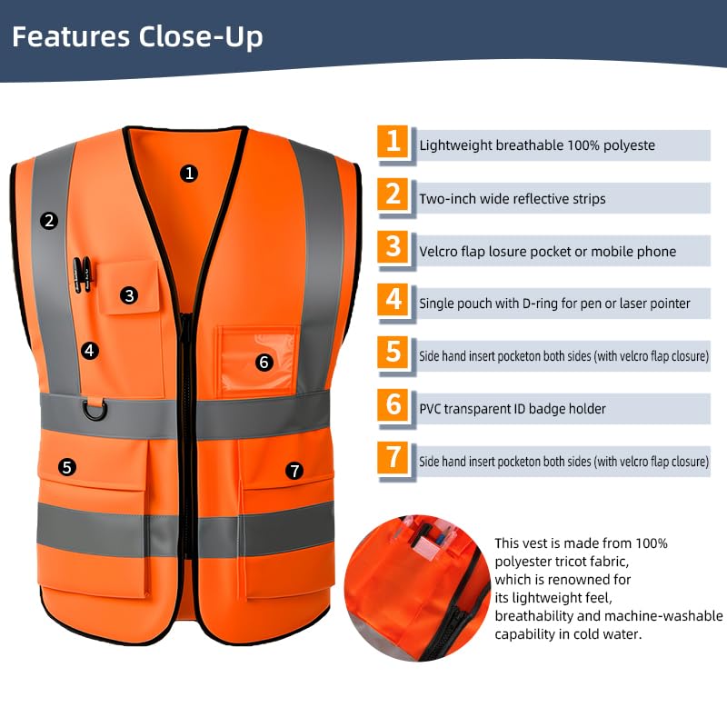 Image of High Visibility Safety Vest with Reflective Strips & Pockets