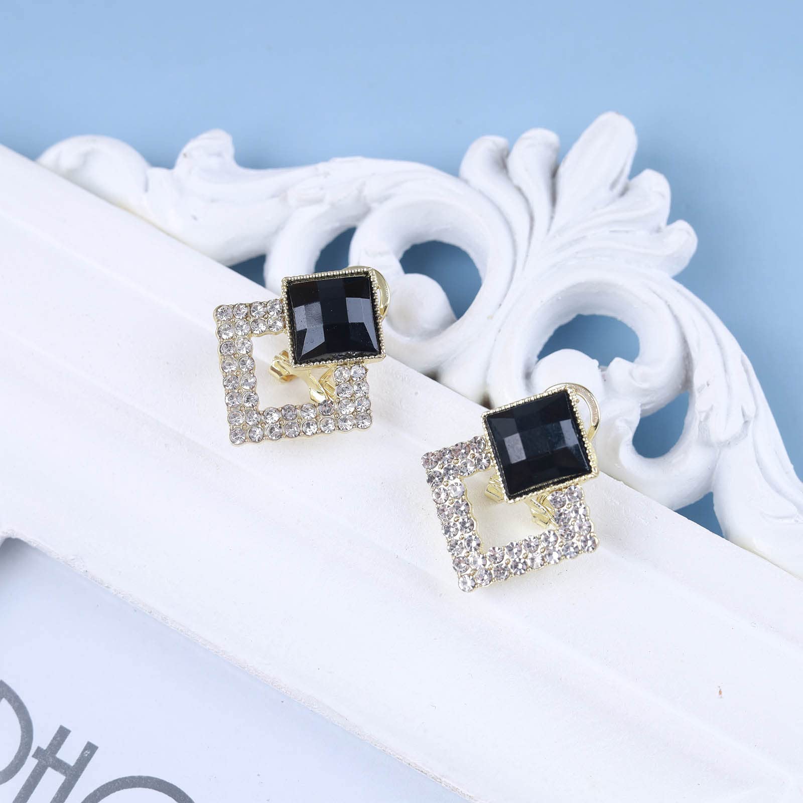 Orecchini A Perno Vintage Quadrati In Onice Nero E Strass Oro - Gioielli Donne E Ragazze Boho