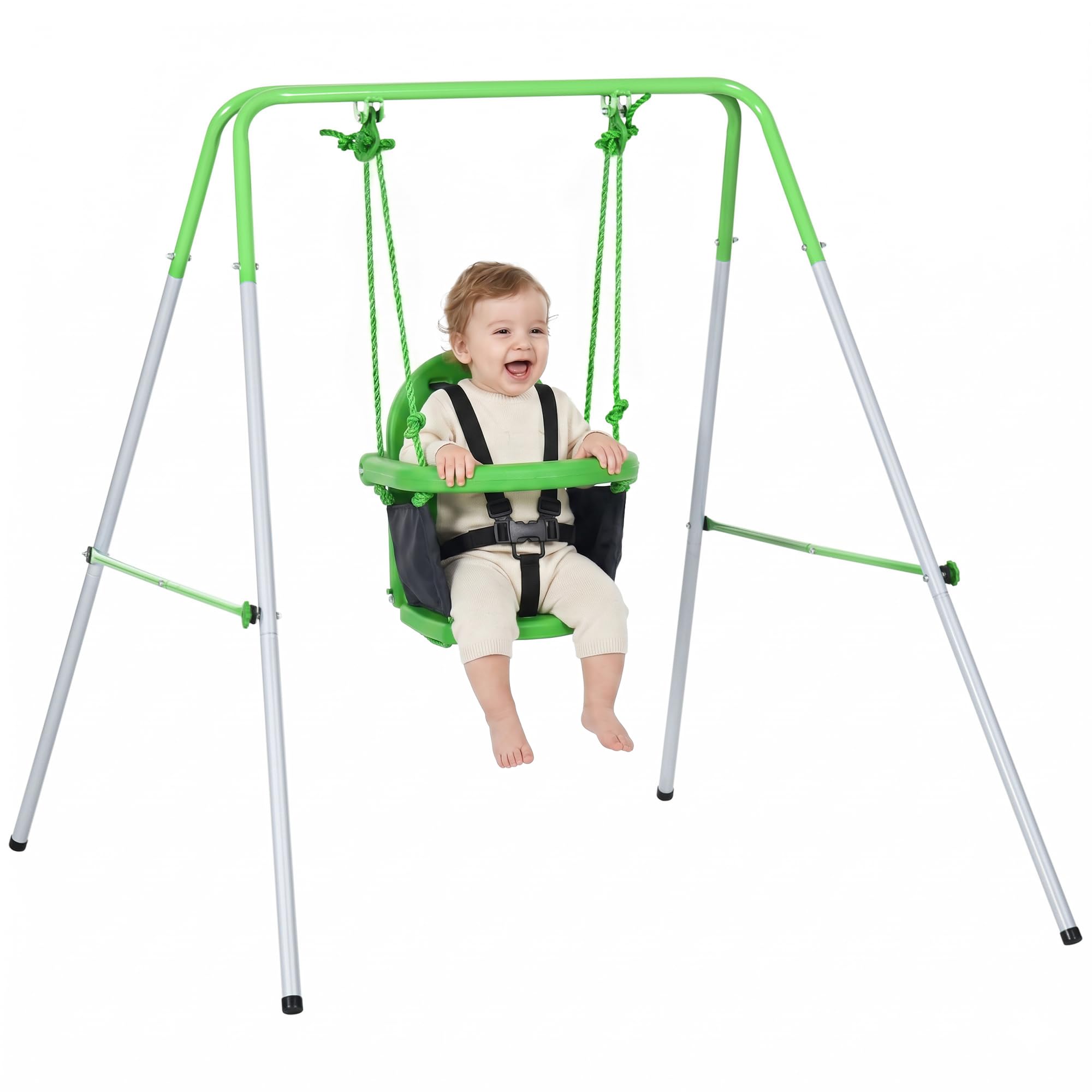 Outsunny Columpio para Bebés, Columpio Jardín Exterior de Acero con Respaldo, Cinturón de Seguridad, Marco Forma A, para Niños de 6-36 Meses, para Interior y Exterior, Carga 25 kg, Verde