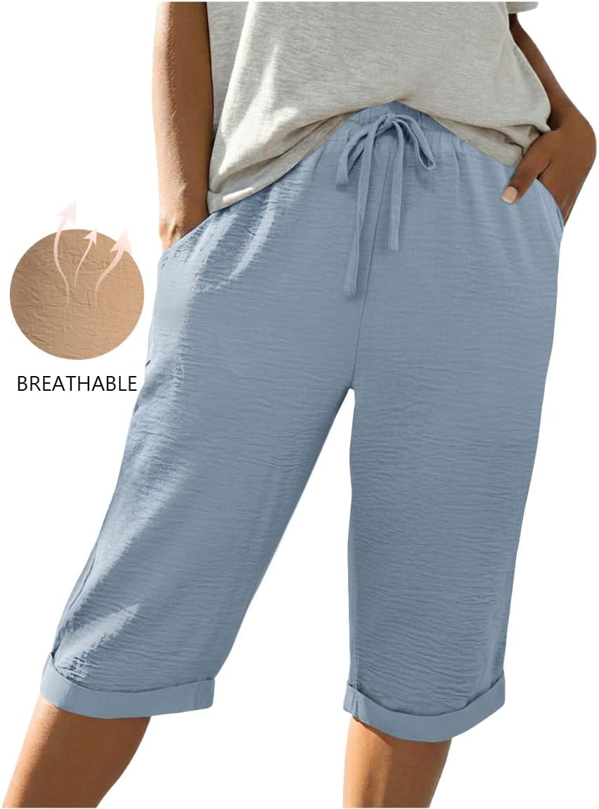 Womens Shorts Lightweight Elastic Waist Drawstring Bermuda Short Knee Length Casual Capri Pants with Pockets