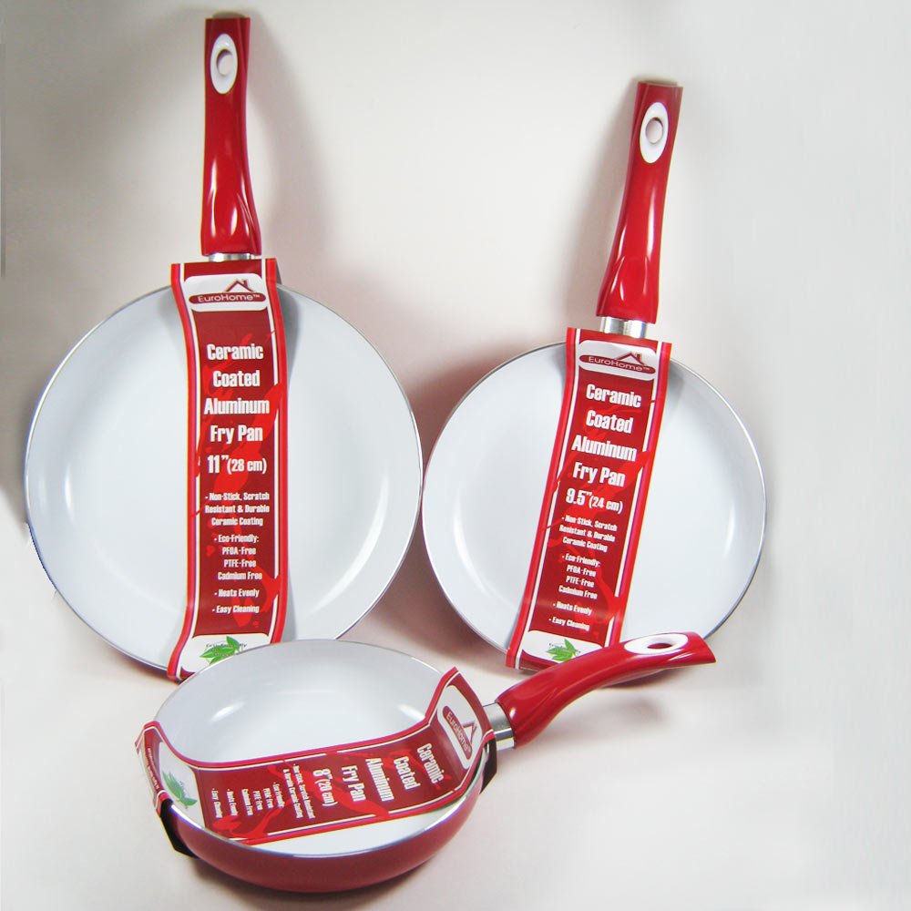 3 Non Stick Ceramic Coated Fry Pan Set Eco Red Healthy Cookware 8" 9.5" 11" New