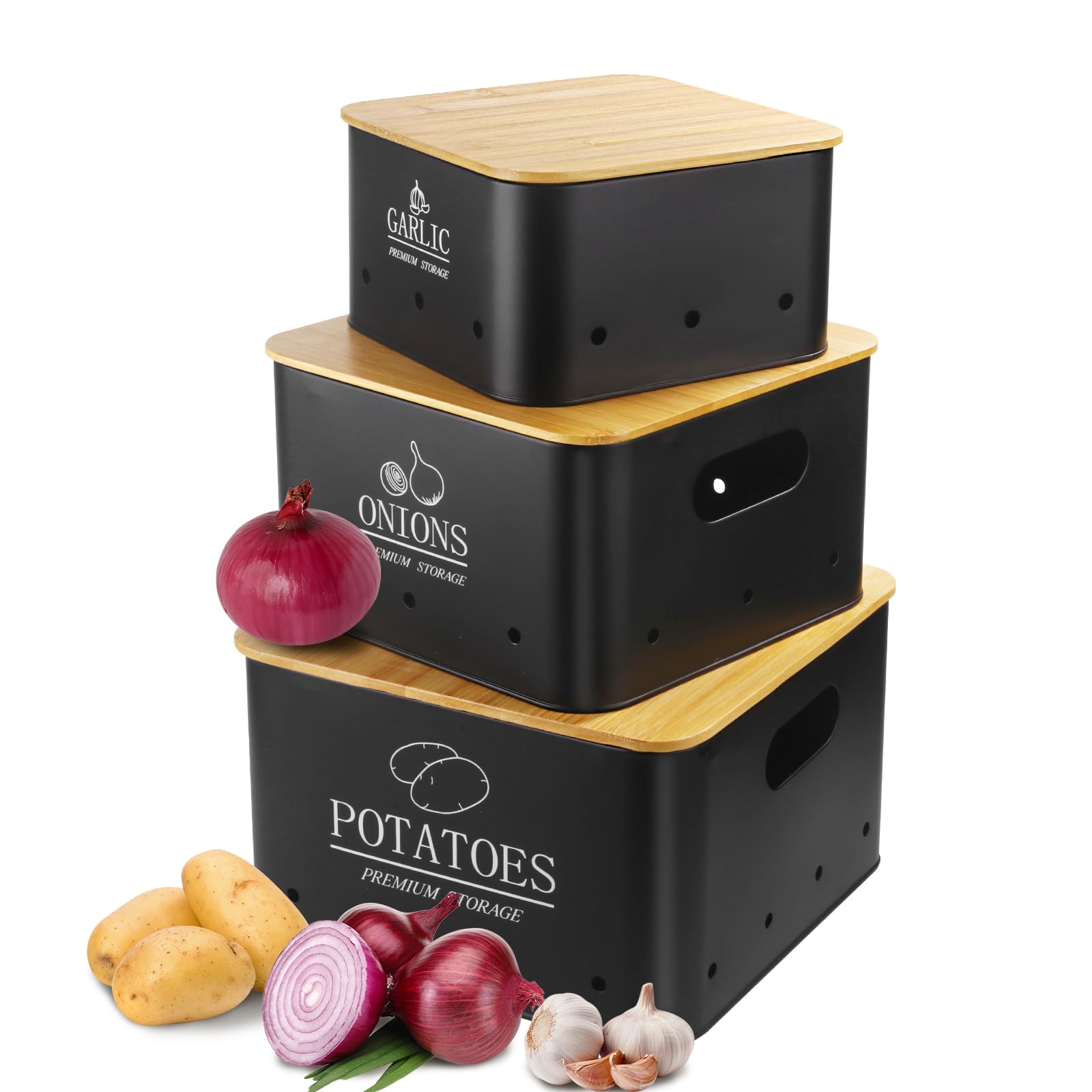 Caja Para Guardar Patatas - Juego de 3 Tarros de Patatas Tarro de Cebolla Tarro de ajo - Almacenamiento Cocina con Tapa de bambú y Orificios de Ventilación - Almacenamiento Espacioso - Negro