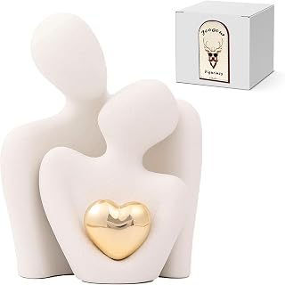 Joogour Mini Embracing Couple Ceramic Statue - Romantic White Gold Home Decor for Bedroom, TV Stand, Anniversary Gifts (3.15in)