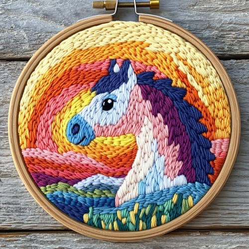 Image of DIY Punch Needle Kits Horse with Sunset with Hoop 20x20cm-3 | with Pattern Stamped Easy for Beginners Embroidery Punch Needle Starter Craft Set for Adults Festival Gift and Decoration