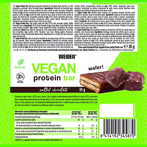 Weider Vegan Protein Bar (12x35g) Salted Chocolate Flavour. 100% Vegan Wafer Bar with 30% Pea and Rice Proteins, Crispy and Coated with Dark Chocolate. Palm oil free - Image 5