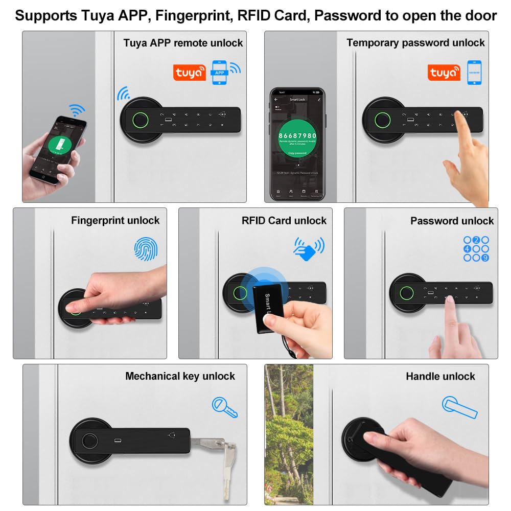 WiFi Tuya inteligentny zamek do drzwi, odcisk palca, biometryczny, cyfrowy, elektroniczne zamki 13,56 MHz, karta RFID IC, bez kluczy, aplikacja, hasło, zdalne odblokowanie, uchwyt zamka drzwi