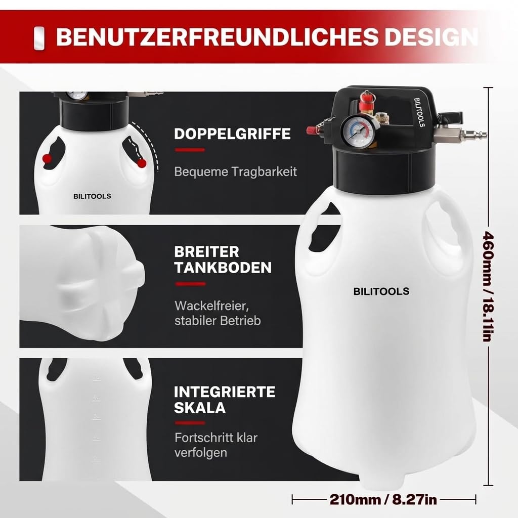 BILITOOLS Getriebeöl-Einfüllgerät Druckluft, Pneumatische Getriebeölpumpe | 8L automatisch Getriebeölwechsel Set zum Befüllen & Absaugen mit 15 ATF-Adaptern