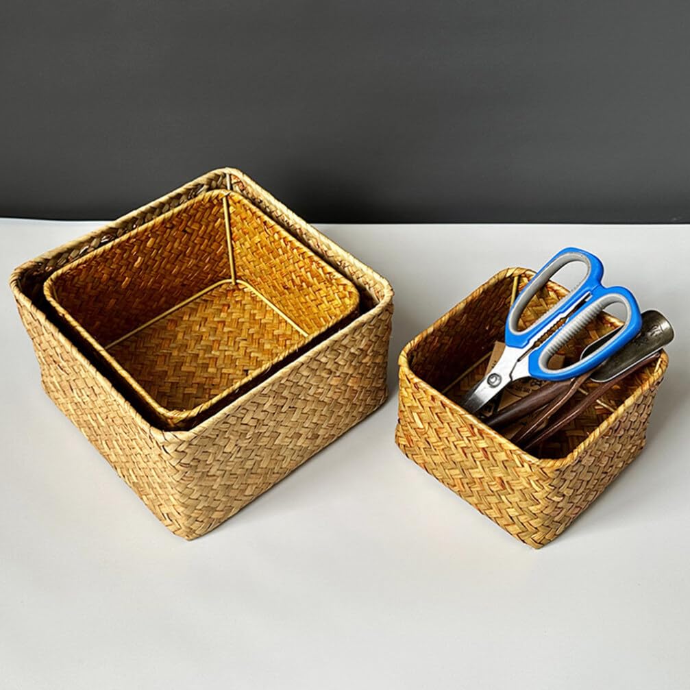 Alipis 3pièces Panier Mer Herbe Tissée Boîte De Rangement Carrée Multifonctionnelle Pour Cuisine Panier Pour Organiser Vos Affaires Maison