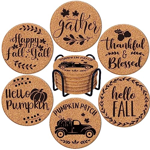 Whaline 6Pcs Fall Drink Coasters with Cork Base Hello Fall