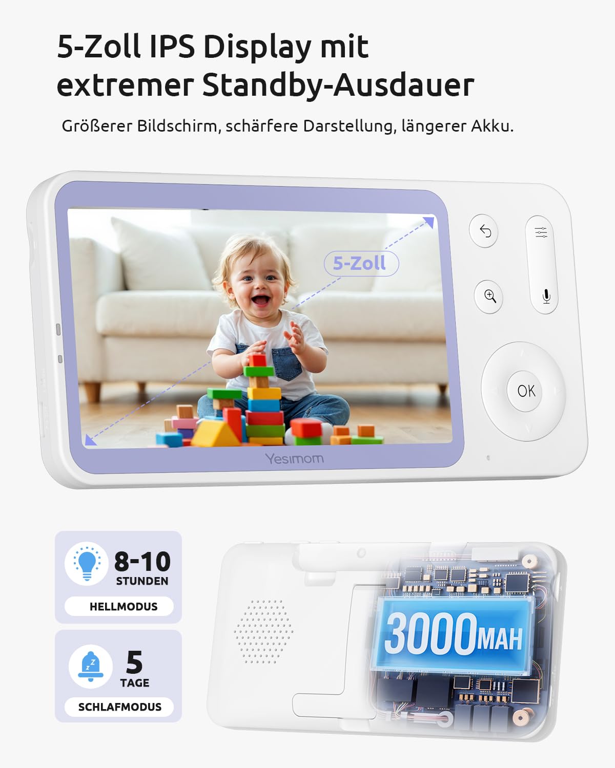 Babyphone mit Kamera 2K/3MP, 5.5" HD WLAN Video Babyfon mit App, IR/RBG Nachtsicht, PTZ 360°, Weinen/Bewegungs-Erkennung, AI-Tracking, Bereich Alarme, 2-Wege-Audio, hohe Reichweite, 2 Stück