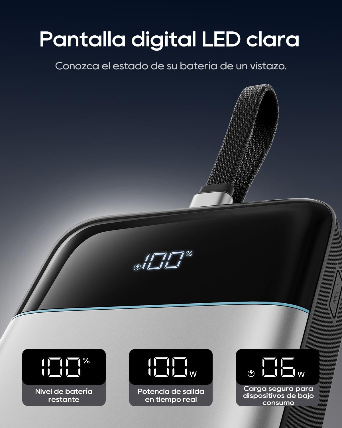 CUKTECH Power Bank 100W 25000mAh,Cargador Portátil con Cable USB-C Integrado y Carga Rápida, Batería Externa para MacBook Pro/Air, iPhone 17/16/15, Samsung, Pixel – Aprobado para Avión