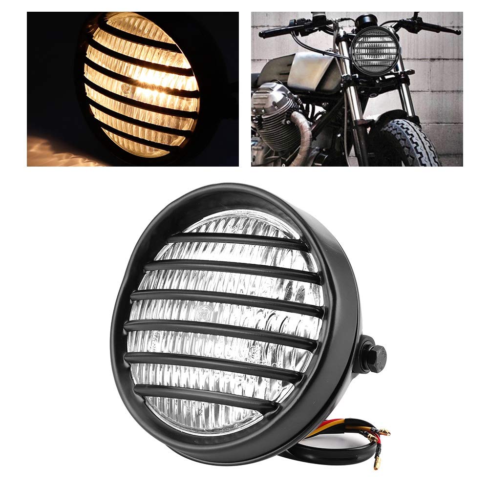 Qiilu Faros delanteros de motocicleta de 6 pulgadas, faro redondo de motocicleta Parrilla cubierta de lente 35W Bombilla halógena Faro de moto universal(Vidrio transparente)