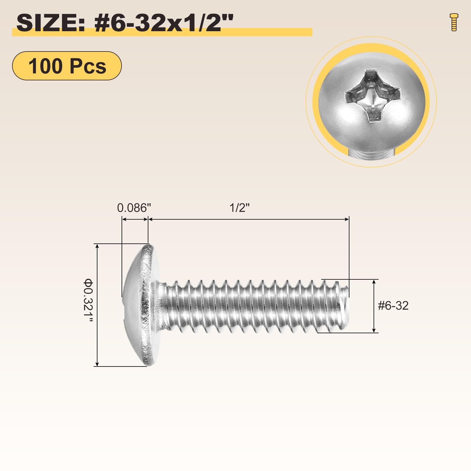 METALLIXITY Machine Screws Phillips Head(#6-32x1/2") 100Pcs, 304 Stainless Steel Round Head Phillips Drive Furniture Bolts - Image 2