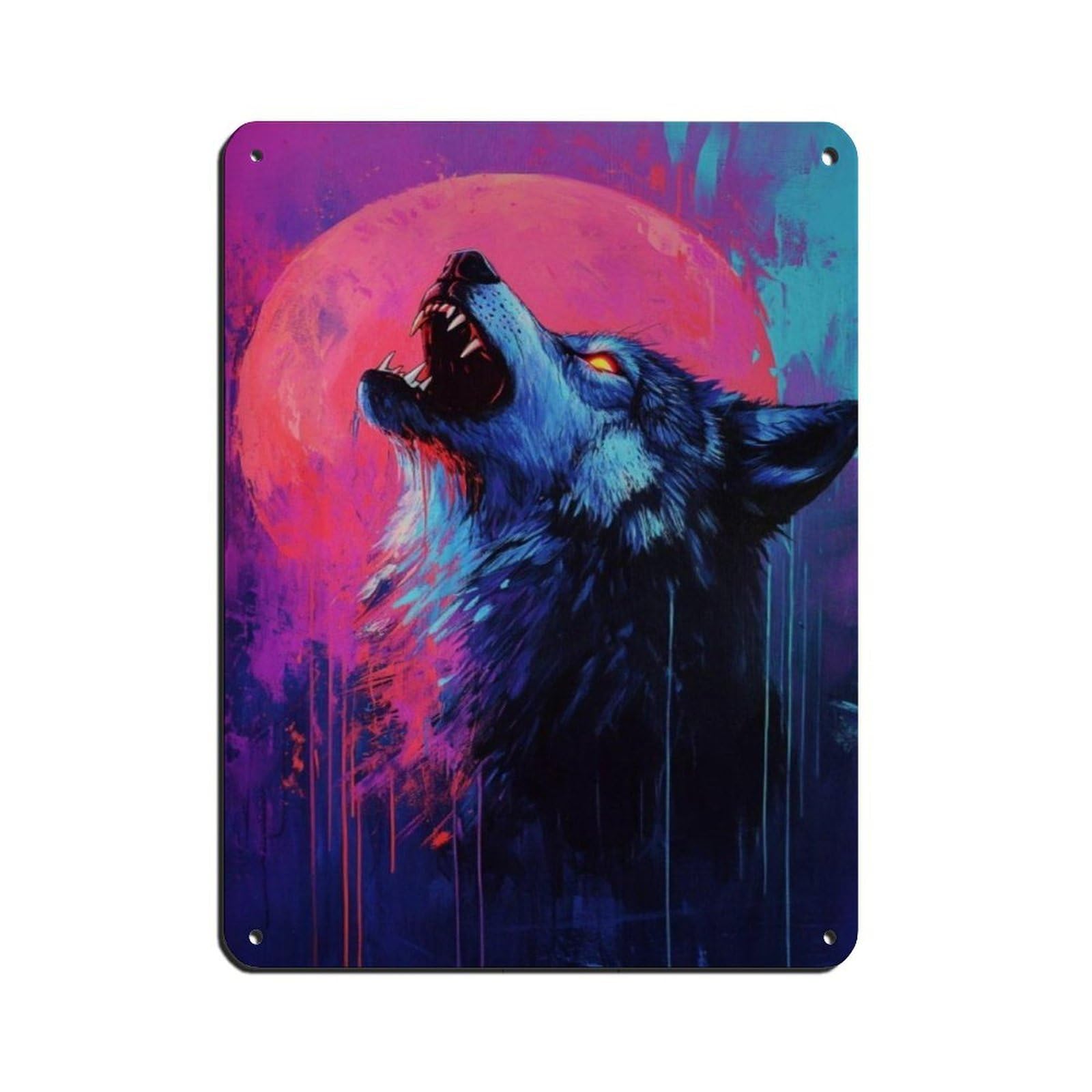 Wolf Howling at Full Moon Tin Sign Vintage Metal Pub Club Cafe Bar Home Wall Art Decoration Poster Retro 12x16inch(30x40cm)