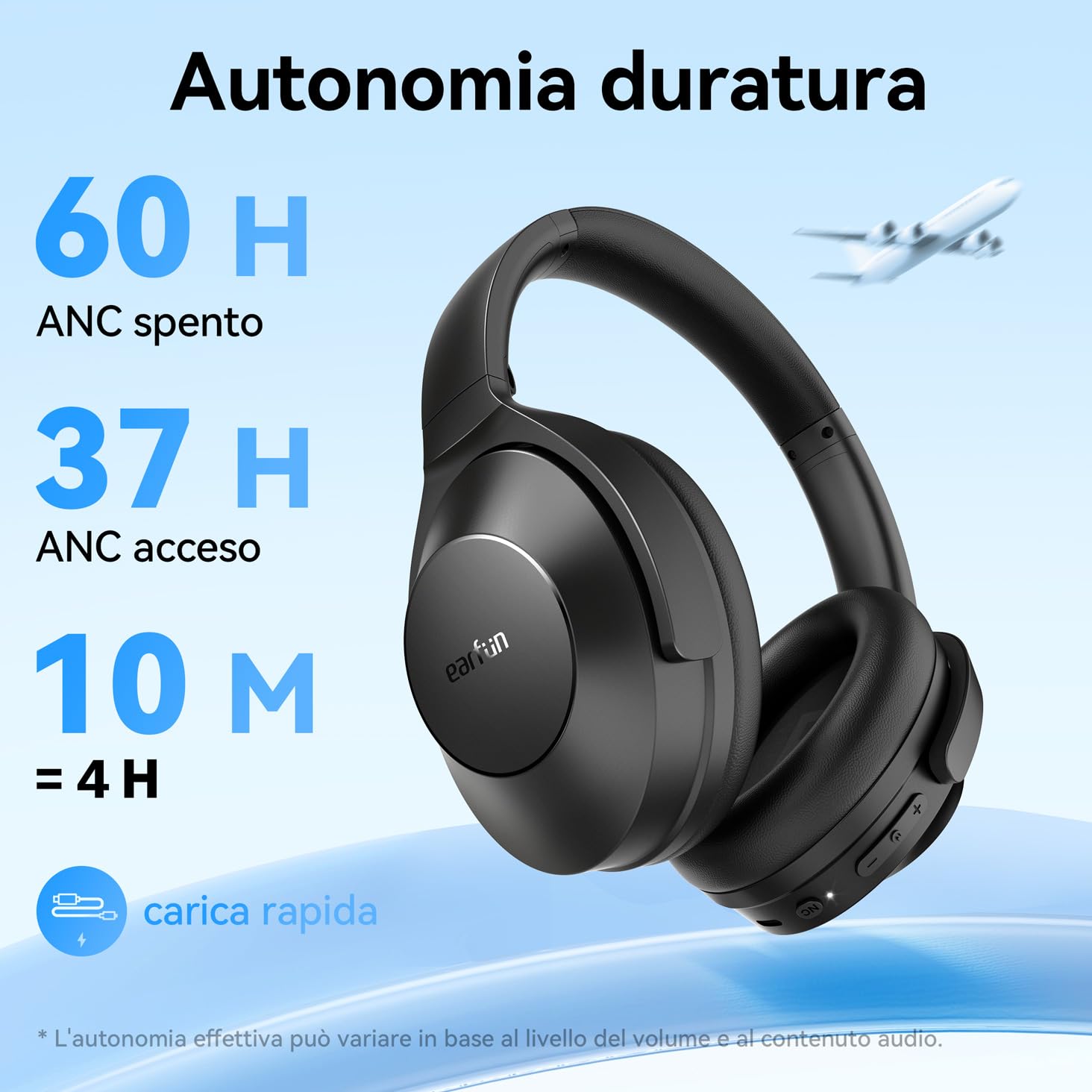 EarFun Wave Life Cuffie Wireless Bluetooth Over-Ear 5.4 con Cancellazione Attiva del Rumore Ibrida, 4 Microfoni AI, Bassi Profondi, 60 Ore di Autonomia, Multipoint, EQ Personalizzato