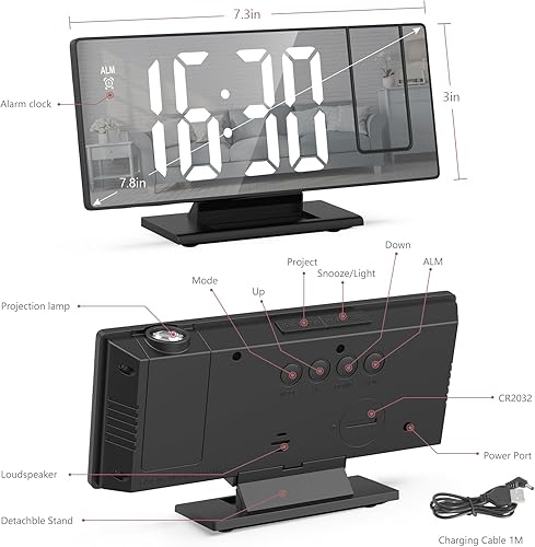 Miniatura 8 de Reloj despertador de proyección, reloj de proyección para techo de dormitorio, reloj despertador LED de 7.8 pulgadas con proyector giratorio de 180,