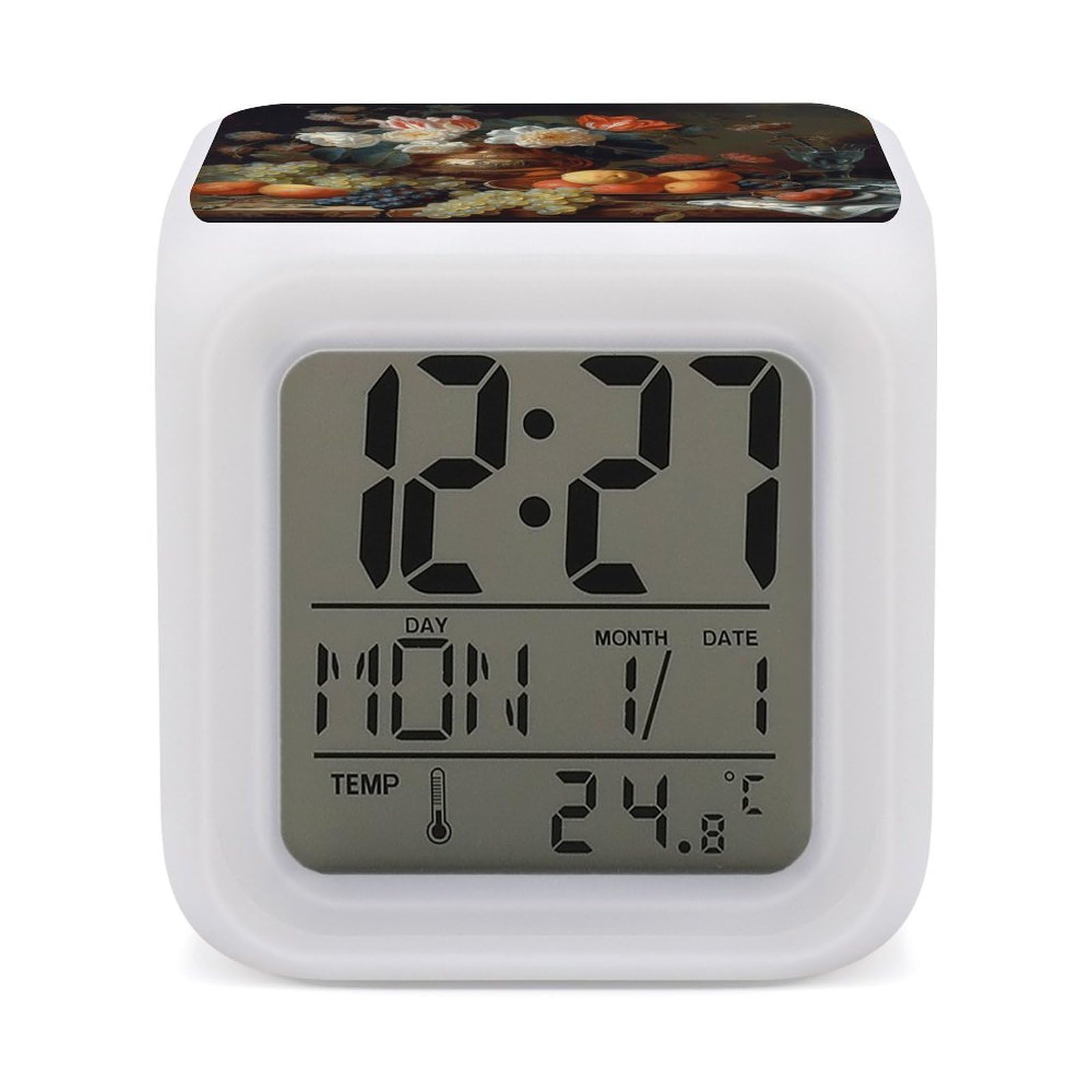 Réveil numérique LED avec variateur pour chambre à coucher | Horloge de chevet design fleurs et fruits