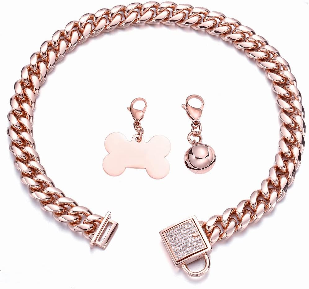 Rose Gold Chain Dog Collar 10MM/14MM Cuban Link Dog Collar Chew Proof Stainless Steel Chain Collar for Small Medium Large Dogs 10-26Inch(14mm,14inch)