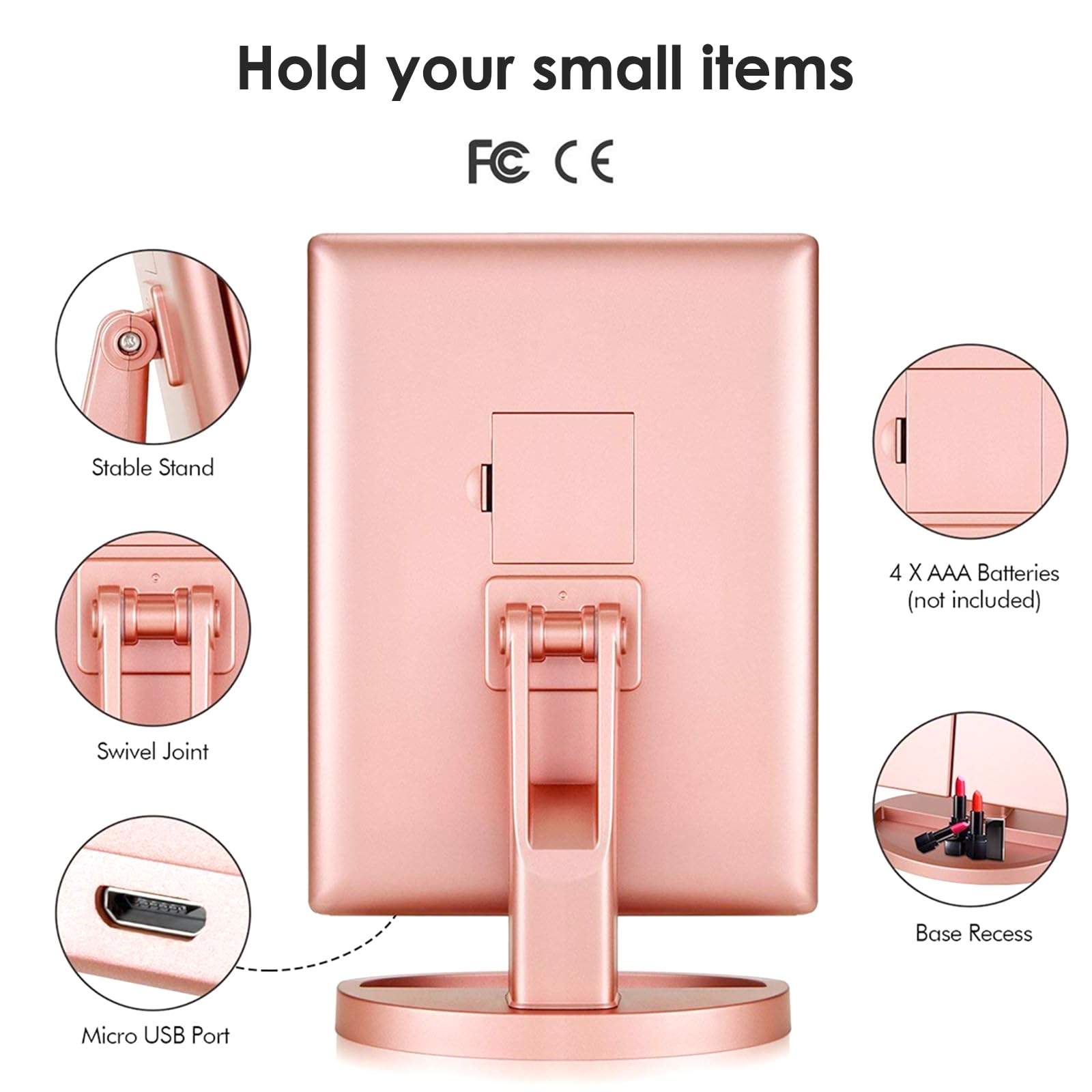WEILY Miroir Maquillage Grossissant Lumineux 1X/2X/3X, LED Pliable avec Écran Tactile, Réglable à 180 Degrés, Support USB et Batterie (Or Rose)
