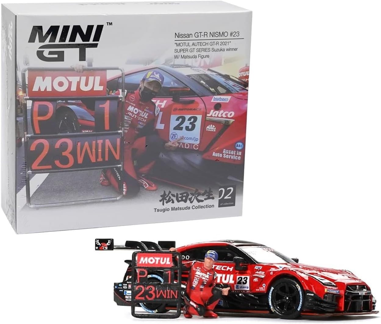 Diecast Model Car Compatible with Mini GT 1:64 Nissan GT-R NISMO #23 "MOTUL AUTECH GT-R 2021" Super GT Series Suzuka Winner W/Matsuda Figure Limited Edition MGT00875