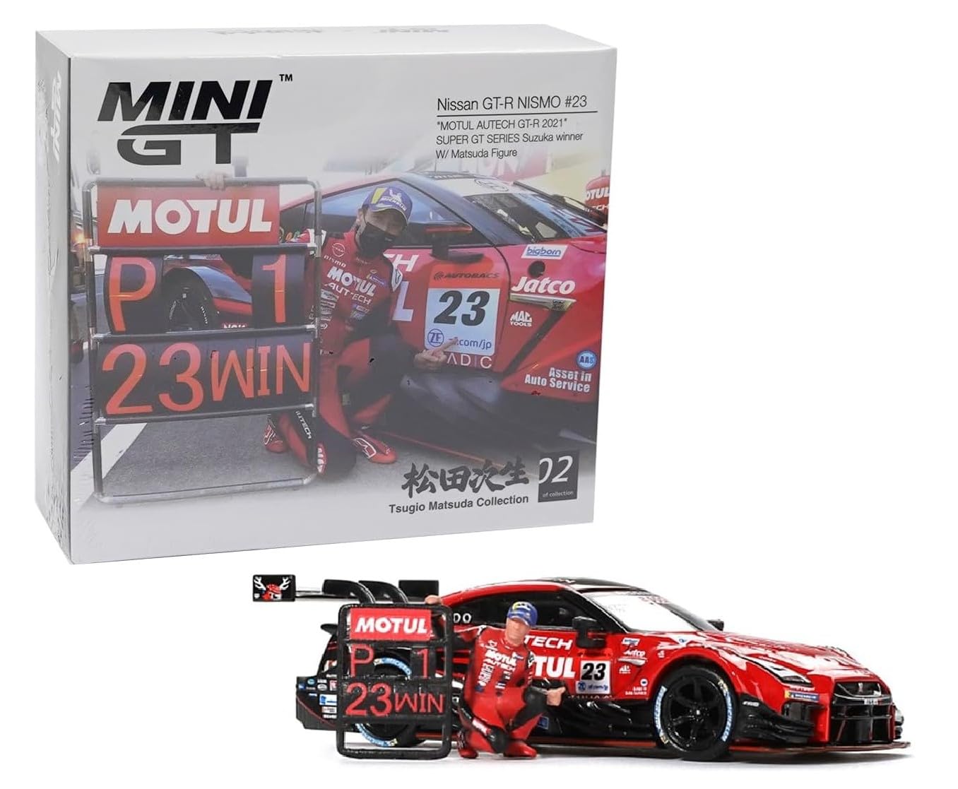 Diecast Model Car Compatible with Mini GT 1:64 Nissan GT-R NISMO #23 "MOTUL AUTECH GT-R 2021" Super GT Series Suzuka Winner W/Matsuda Figure Limited Edition MGT00875