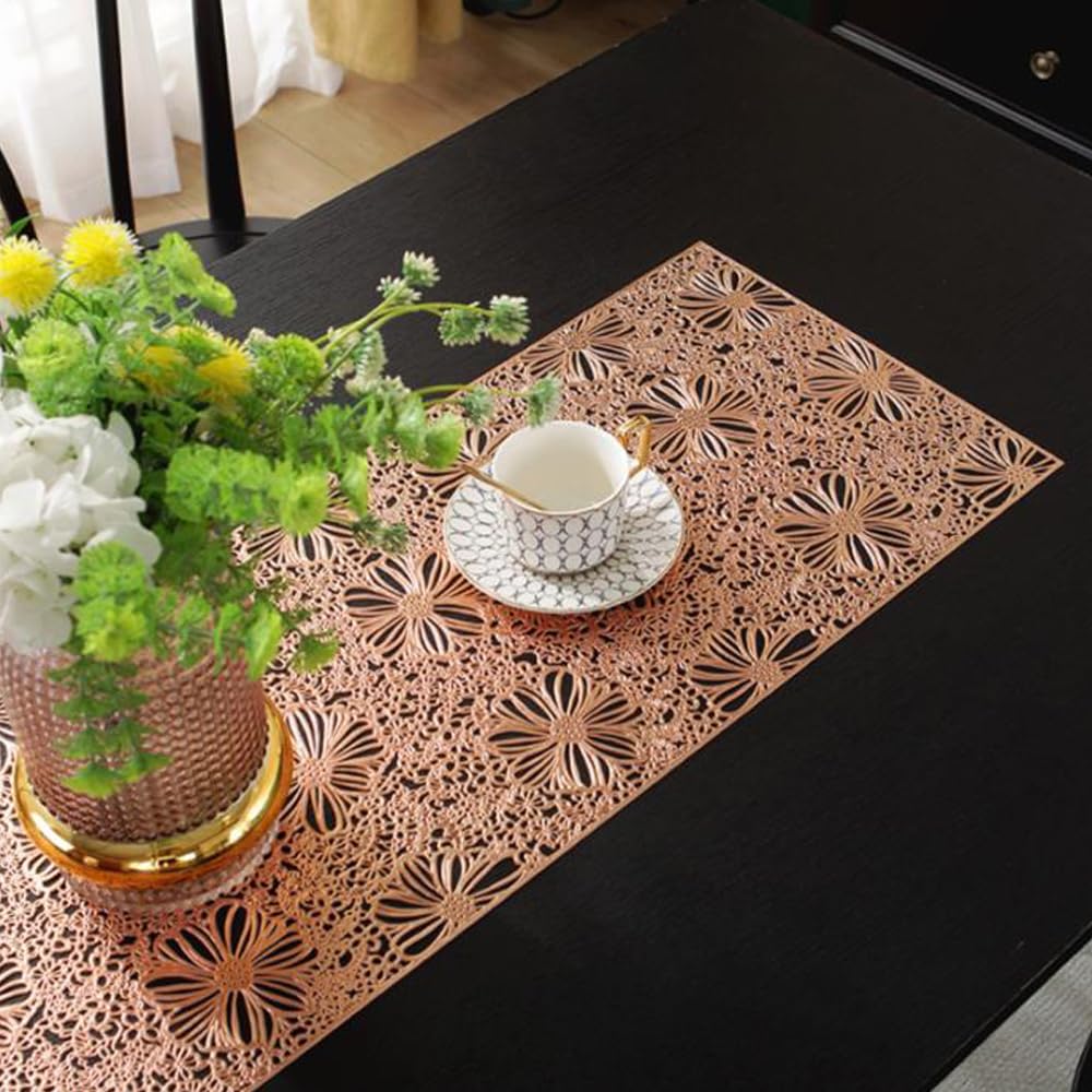 Hosoncovy Hollow Table Runner Non-slip Decorative PVC Table Mats Placemat Protective Heat Resistant Mats for Home Party Kitchen Dining Wedding Decor (91CM X 33CM) (Rose Gold) - Image 2
