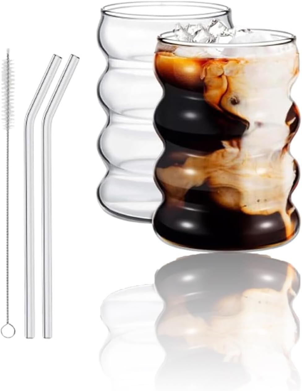 Sweet seven Set of 2 Glass Drinking Glasses with Glass Straw - 10oz (300ml) Glassware Set for, Iced Coffee- good for Water, Soda, and Tea - Includes Cleaning Brush - Great Idea